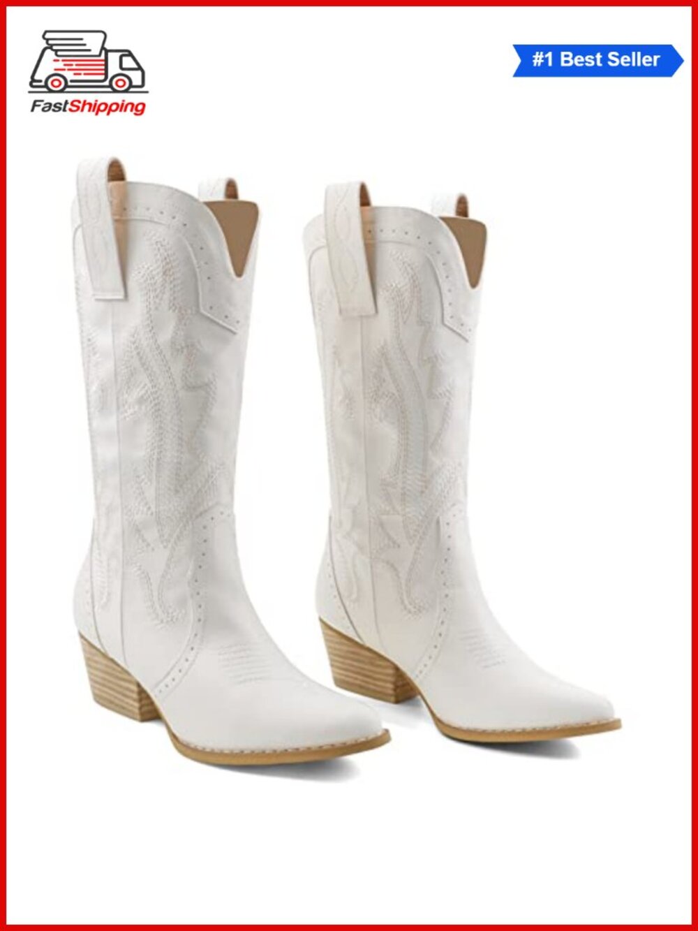 ✨ Mid Calf Cowboy Boots Women Closed Toe Western Faux Leather Pull On